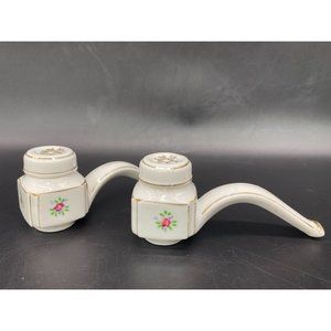 Vintage Meiko China Smoking Pipes Salt & Pepper Shakers Porcelain Floral Gold Tr